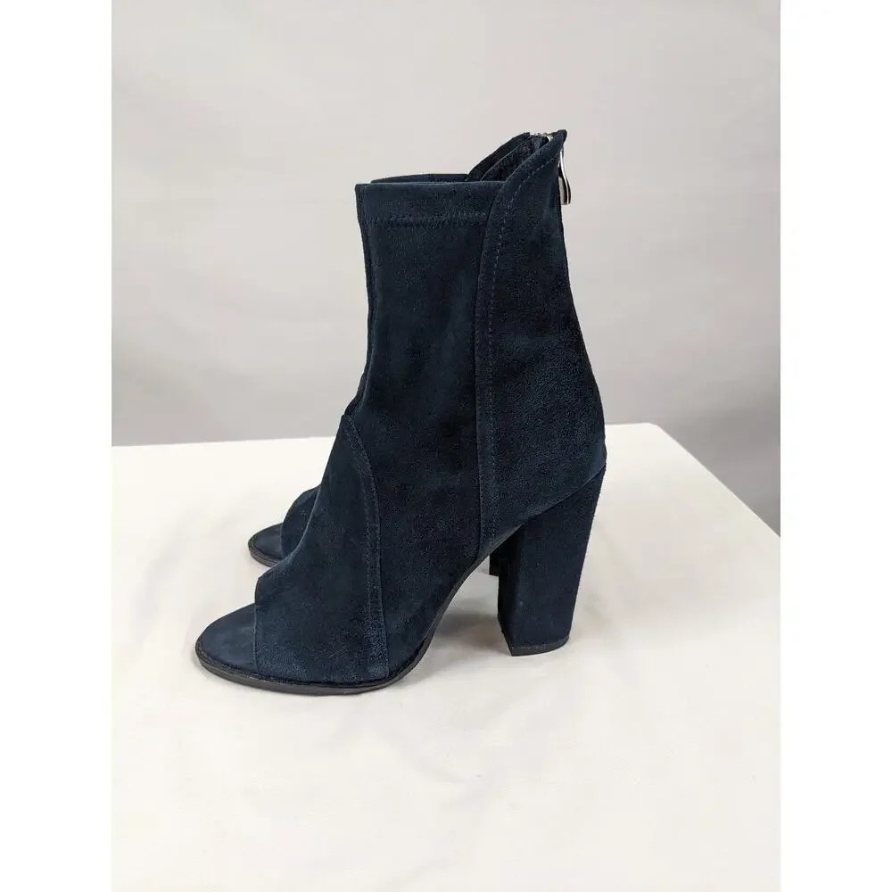 Alias Mae Revolve Booties Navy Blue Suede 9 40 Stretch Peep Toe Block Heel Zip